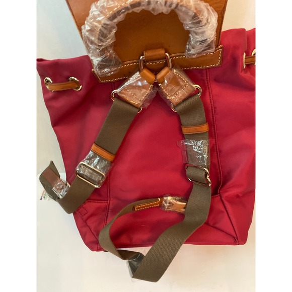 NEW Dooney & Bourke Wayfarer Nylon Backpack Red Tan Leather Trim Drawstring  Bag main image 4